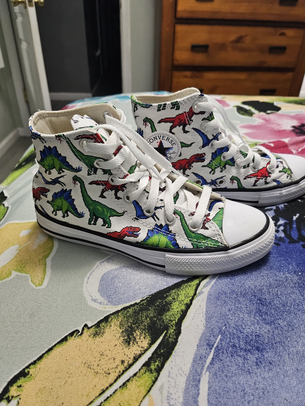 Converse Kids White High-Top Sneakers with Red, Green & Blue Dinosaurs